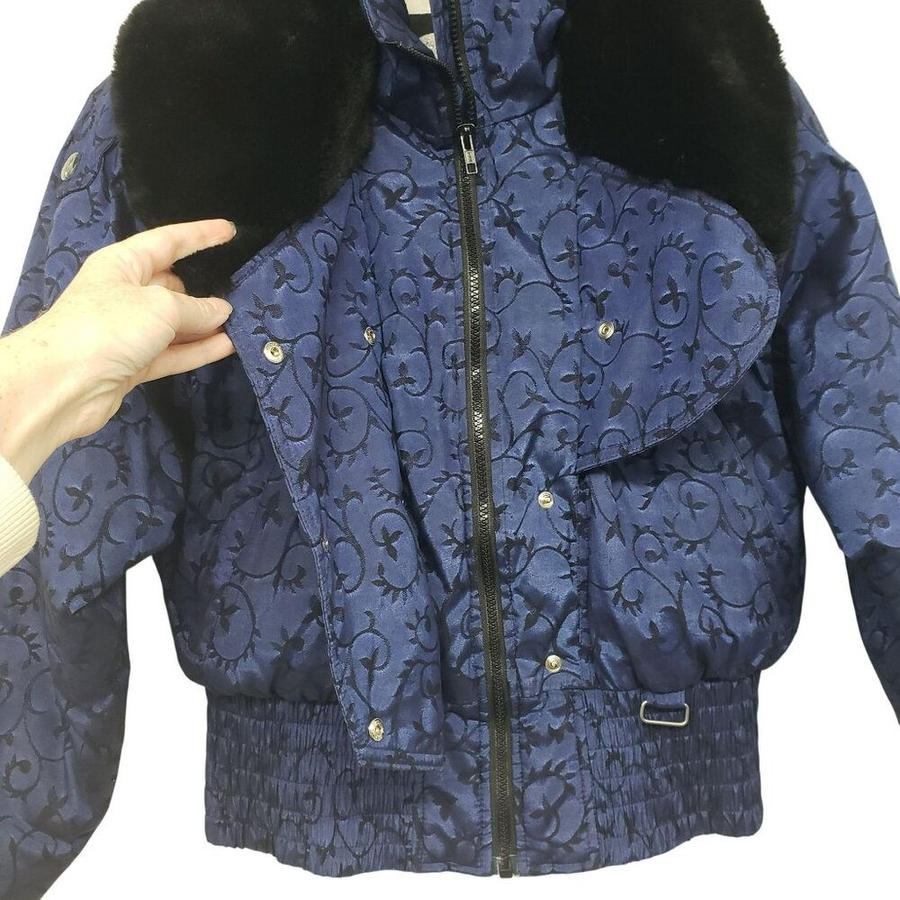 Vintage Nils Down Fill Ski Jacket Winter Coat Fur Trim Blue Jacquard Print Retro - Picture 10 of 16